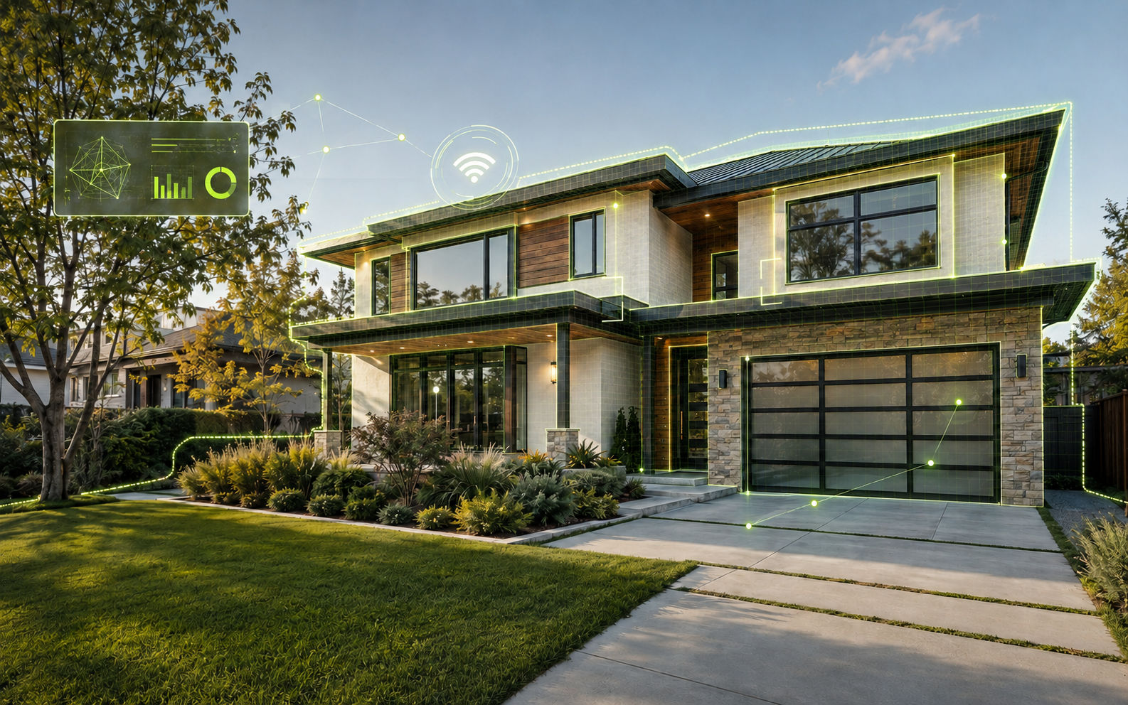 Modern residential property with subtle AI analysis overlays